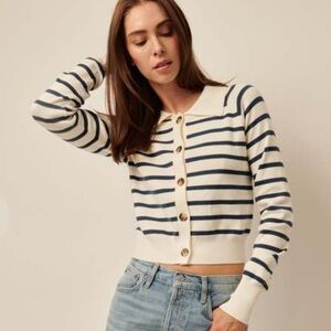 LINE the label | cream and navy striped button up cardigan sweater size Large